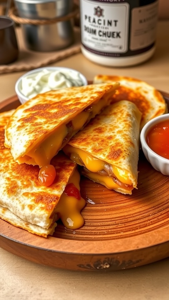 Golden crispy quesadilla filled with melted cheese, served with sour cream and salsa.